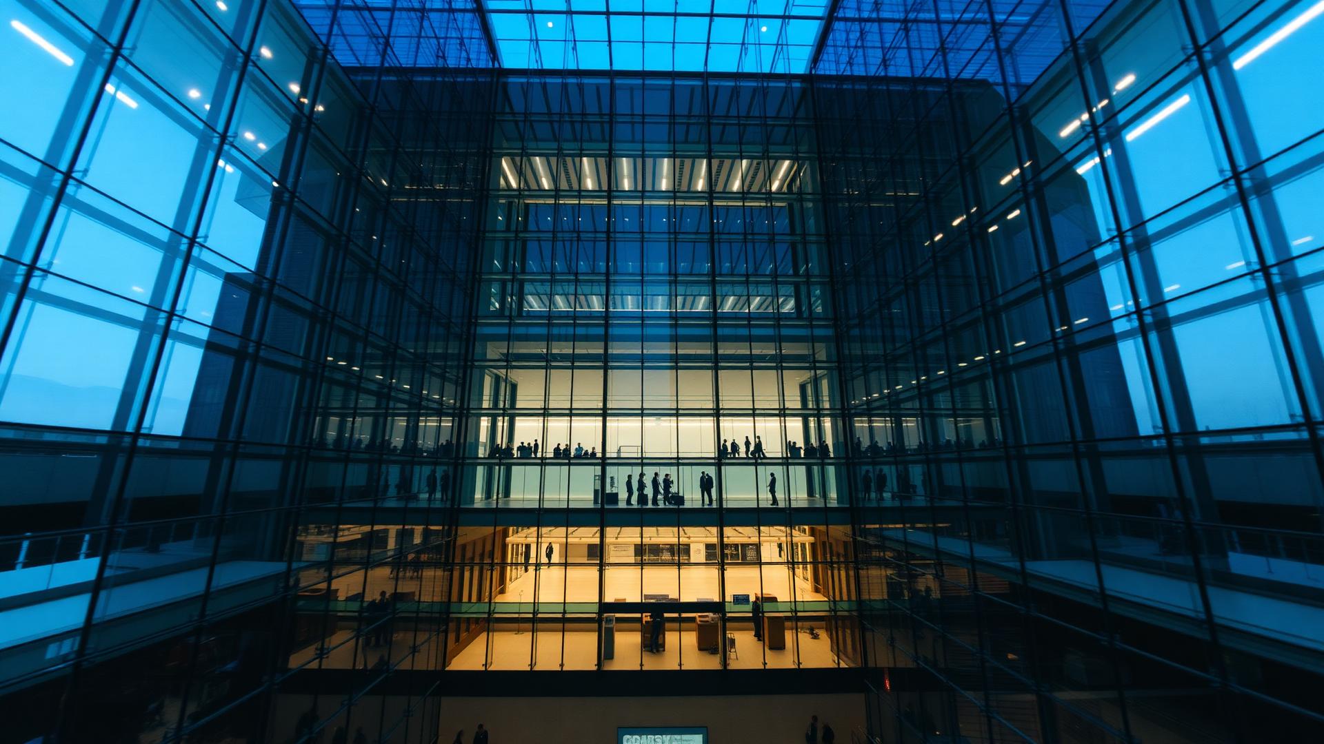 Glass headquarters atrium at blue hour